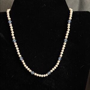 Elegant Pearl and Blue Crystal Necklace